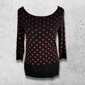 White House Black Market Polka Dot Sweater Scoop 3/4 Sleeves Knit Black/Red W S
